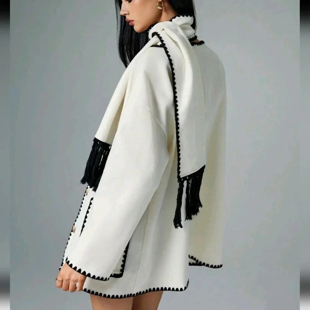 Coat With Scarf Collar, Mid-Length Sweater Coat, - Picture 3 of 6